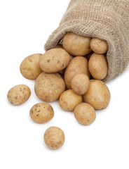 Fototapeta na wymiar Potato tubers in a sack isolated on white