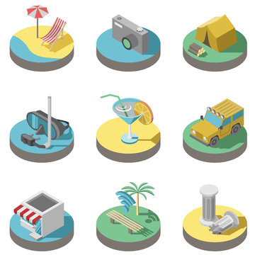 Flat 3D summer vacation icons vector set.