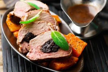 Prune-Stuffed Pork Fillet.selective focus