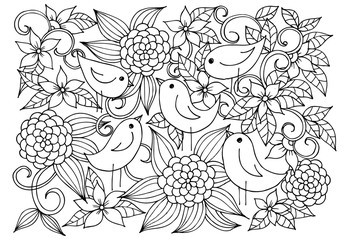 Fototapeta premium Chickens in garden. Floral pattern in black and white.