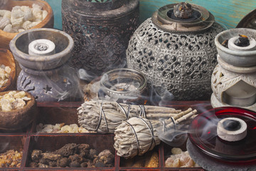Various kinds of incense: myrrh, frankincense, messer, copaiba, elemi camonya, palo santo, salvia...