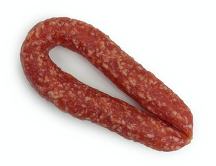 Homemade smoked sausage. Isolated on a white background, close-u
