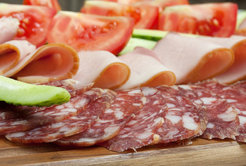 Sliced dry sausages and meat products, cured meat, bacon, with f
