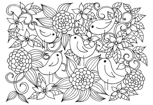 Chickens in garden. Floral pattern in black and white.
