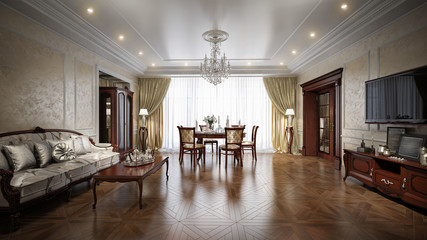 Luxury living room interior design in classic style. 3d renderin - 136840161
