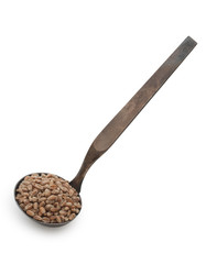 Vintage silverware, Very old dark rusted ladle, scoop with grain