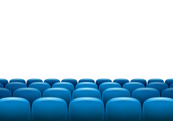 Movie theater with row of blue seats. Premiere event template. Super Show design. Presentation concept with place for text