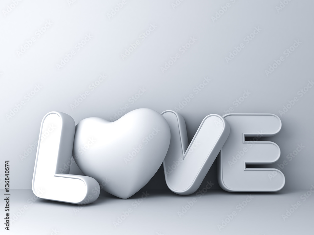 Poster 3d love word concept with heart on white background with shadow, valentines day background 3d render