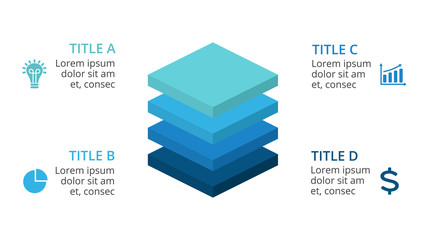 Vector squares 3D infographic, layers diagram chart, graph presentation. Business concept with 4 options, parts, steps, processes. 16x9 slide template.