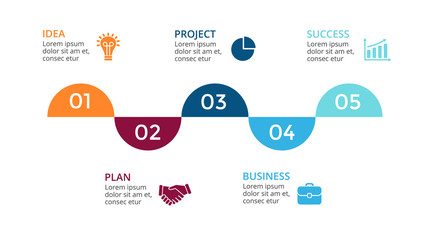 Vector arrows timeline infographic, diagram chart, graph presentation. Business concept with 5 semicircles options, parts, steps, processes. 5 time periods and points. 16x9 slide template.