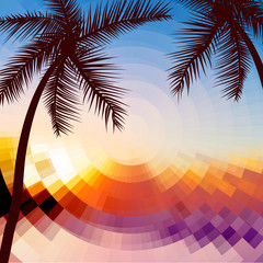 Hello Summer Lettering vacation and travel. Tropical poster with sunset or sunrise bright background and palm exotic island