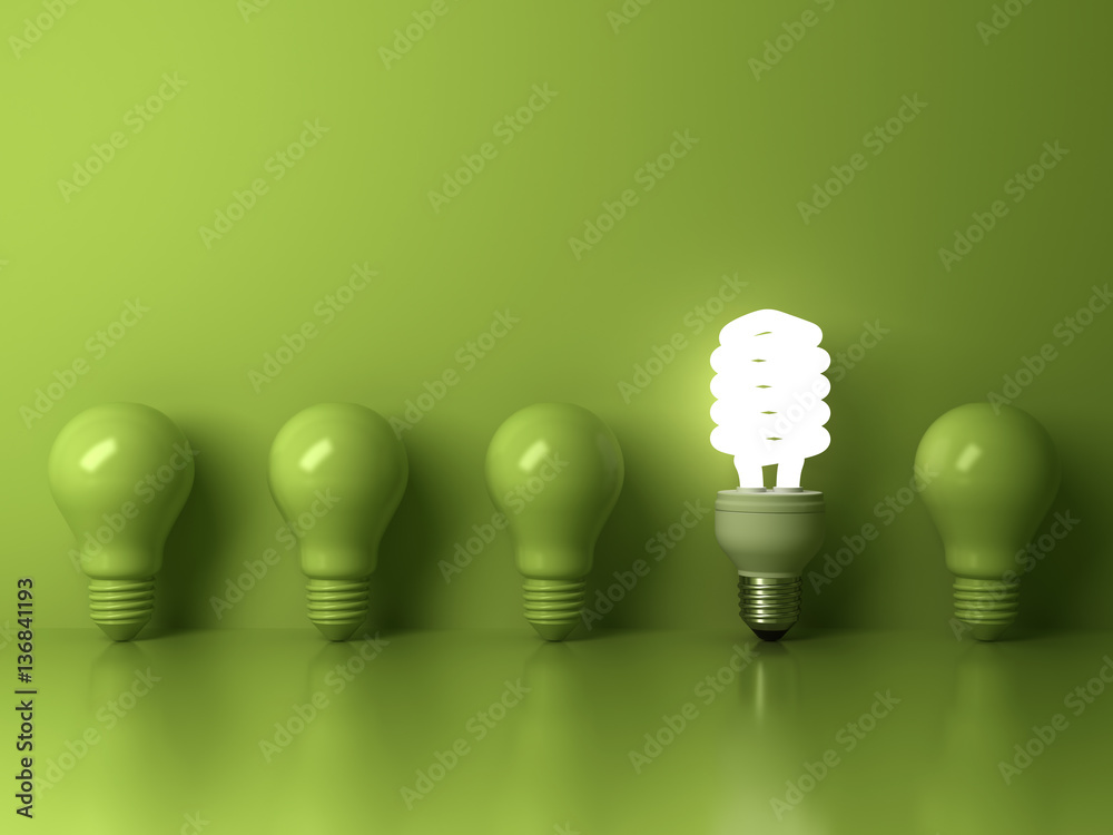 Leinwandbilder eco energy saving light bulb , one glowing compact fluorescent lightbulb standing out from unlit inc