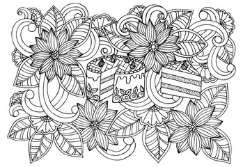 Doodle drawing of sweets and flowers. Vector image of a very tas