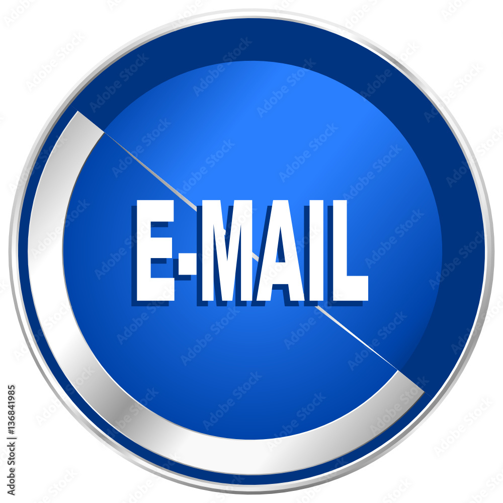 Poster E-mail blue vector web icon. Metal shine silver chrome border round button isolated on white background. Circle modern design abstract sign for smartphone applications.