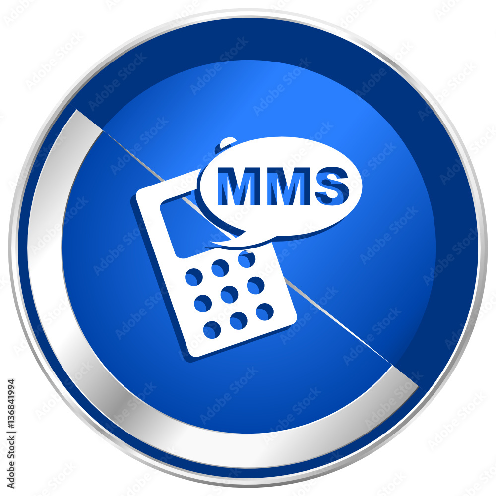Poster mms blue vector web icon. metal shine silver chrome border round button isolated on white background