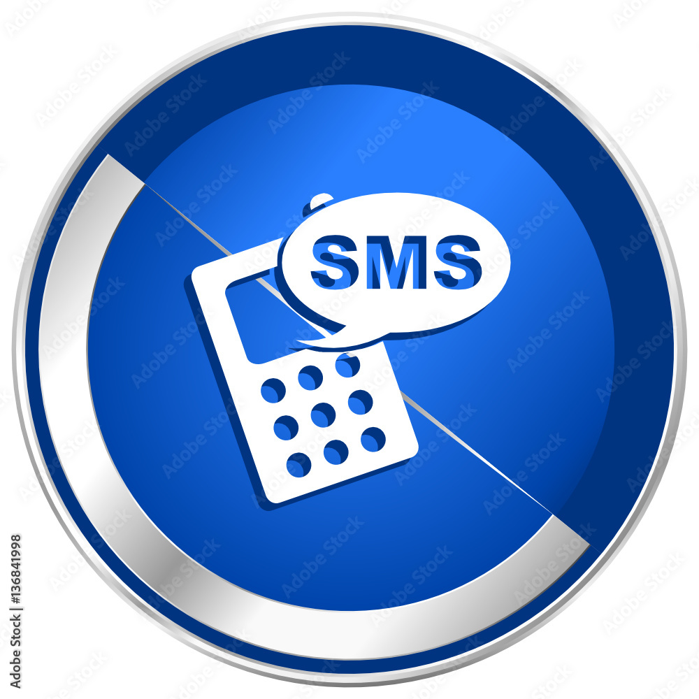 Aufkleber sms blue vector web icon. metal shine silver chrome border round button isolated on white background
