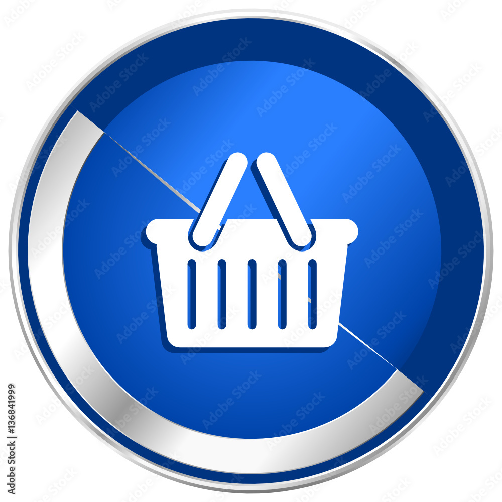 Poster Cart blue vector web icon. Metal shine silver chrome border round button isolated on white background. Circle modern design abstract sign for smartphone applications.