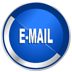 E-mail blue vector web icon. Metal shine silver chrome border round button isolated on white background. Circle modern design abstract sign for smartphone applications.