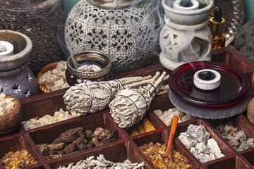 Incense of Salvia Apiana (White sage, sacred sage, bee sage, california sage) and various kinds of incense: myrrh, frankincense, gowe, palo santo.