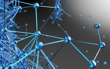 Blockchain network , Machine learning , deep learning and neural networks concept. Stylish abstract engineering, technology and science. Blue Distributed connection atom. 3d rendering