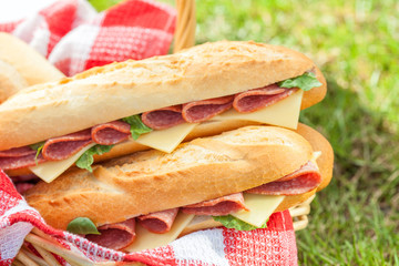 baguette sandwiches with salami and cheese for a picnic