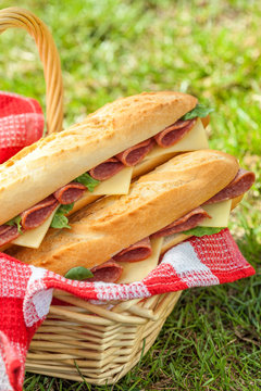 baguette sandwiches with salami and cheese for a picnic
