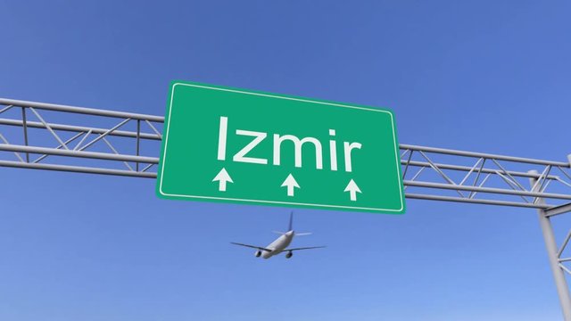 Twin engine commercial airplane arriving to Izmir airport. Travelling to Turkey conceptual 4K animation