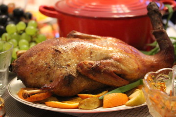 Roasted Duck Stuffed with Apples and Oranges.
