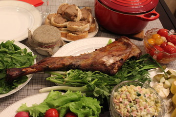 Roasted leg of young goat.