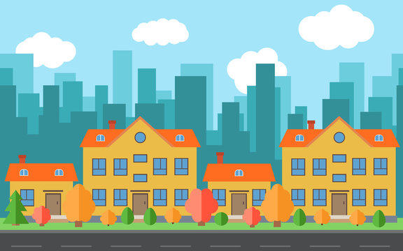 Vector city with four cartoon houses and buildings. City space with road on flat style background concept. Summer urban landscape. Street view with cityscape on a background
