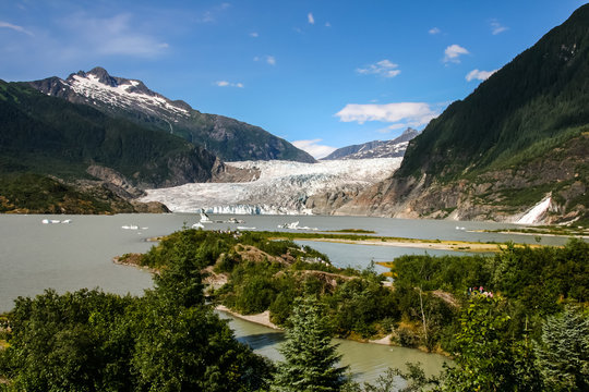 Scenic view of Mendenhall Glacier and lake, Juneau, Alaska