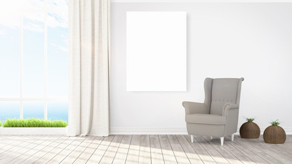 Obraz na płótnie Canvas Modern bright interior with empty frame . 3D rendering