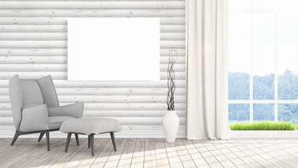 Modern bright interior with empty frame . 3D rendering