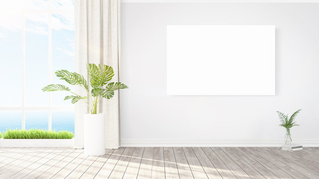 Modern bright interior with empty frame . 3D rendering