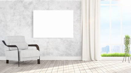 Modern bright interior with empty frame . 3D rendering