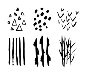 Set of hand drawn design elements. Vector collection of black ink textures and brush strokes. Collection for your design, triangles, brush strokes, heckmark, reed, bamboo, stripes. Freehand drawing.