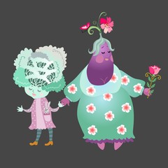 Cabbage and eggplant isolated on black background. Cute cartoon characters. Stylized grandma with child. Book illustration. greeting card. Vector image.