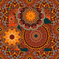 Ethnic bandana print with rosettes and ornamental frame in mexican style. Rug, carpet, shawl, tablecloth, wrapping design.