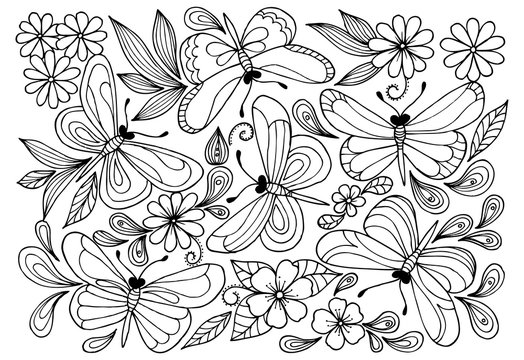 Vector butterflies anf doodle flowers for coloring book.