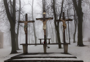 Crosses Jesus and the two thieves on Calvary. International Shri