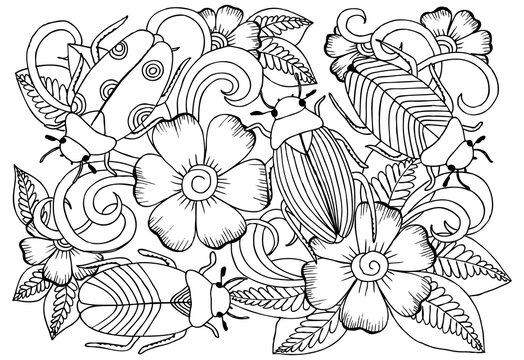 Vector monochrome bugs and flowers for coloring.