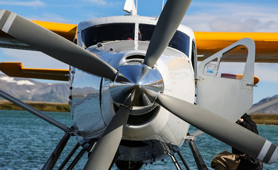 Close up of a sea plane floating on a lake in Katmai National Park, Alaska