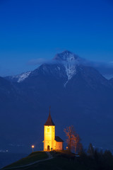 Church on the hill at sunset at Jamnik