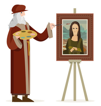 great italian renaissance genius painting with paintbrush a woman portrait on his atelier