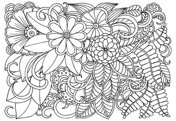 Doodle floral pattern in black and white. Page for coloring book