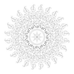 vector black and white round navy mandala with symbols - sea fishes, waves, ships, underwater plants,  twisted rope and rudder in the middle - adult coloring book page