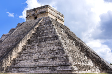 Closeup of Temple of Kukulkan Pyramid (El Castillo) in Chichen Itza ruins, one of the Seven Wonders of the World and UNESCO World Heritage Site