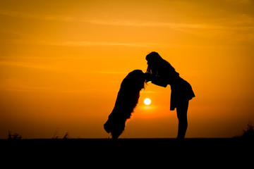 Girl with her dog at sunset, silhouettes