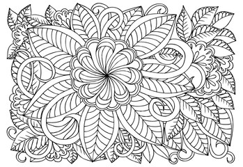 Doodle floral pattern in black and white. Page for coloring book