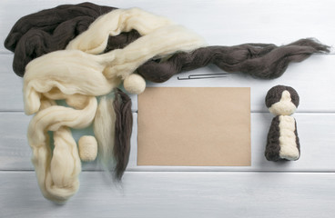 Workspace with tools needle and skeins of wool for felting toys.